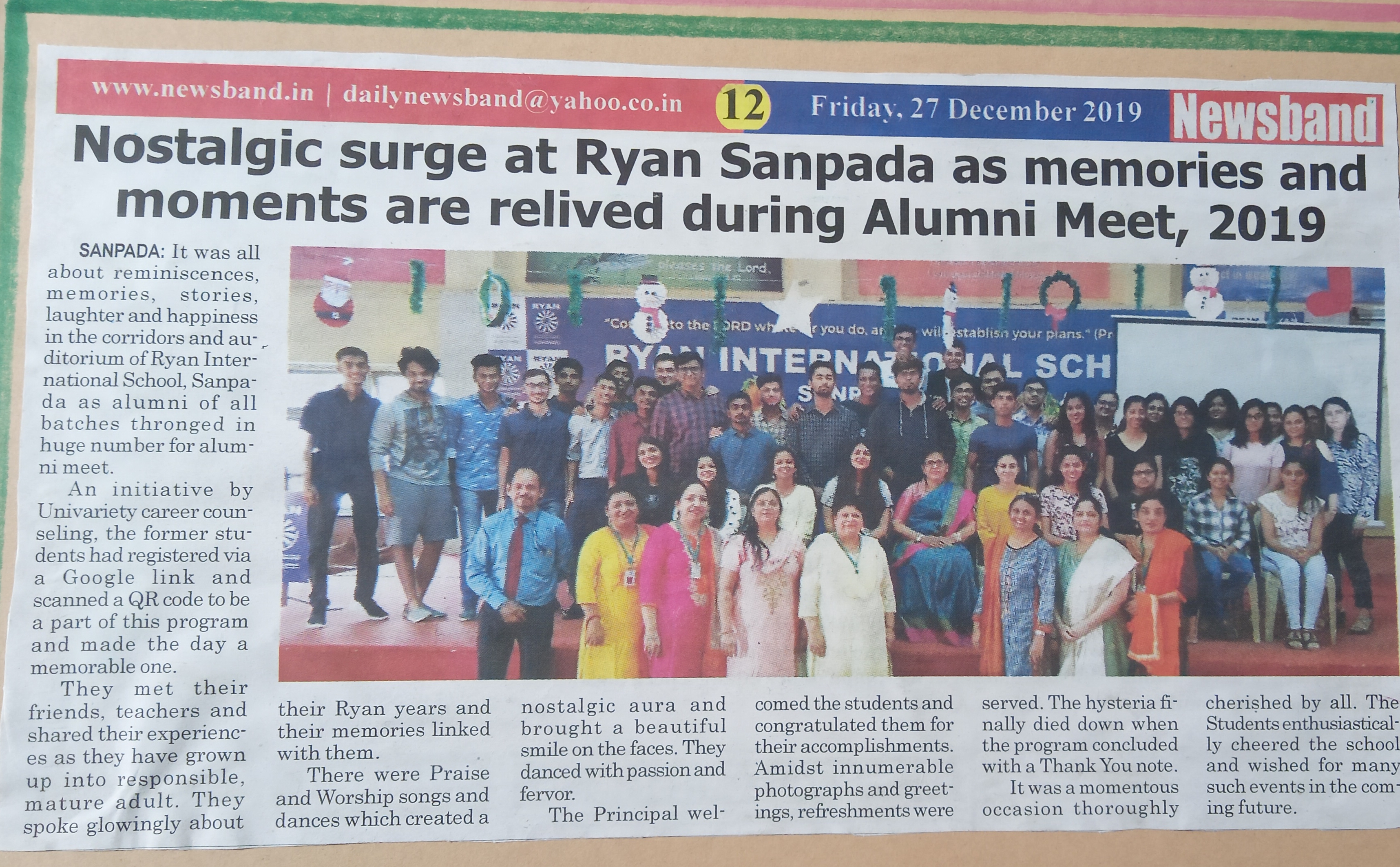 Alumni Meet featured in Newsband - Ryan International School, Sanpada